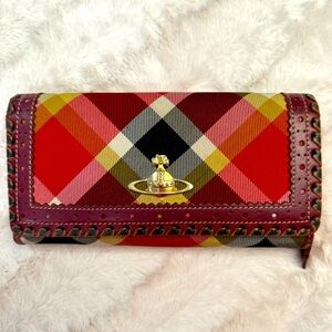 Vivienne Westwood Red Burgundy Plaid Leather Long Wallet Used Condition W/ Chain
